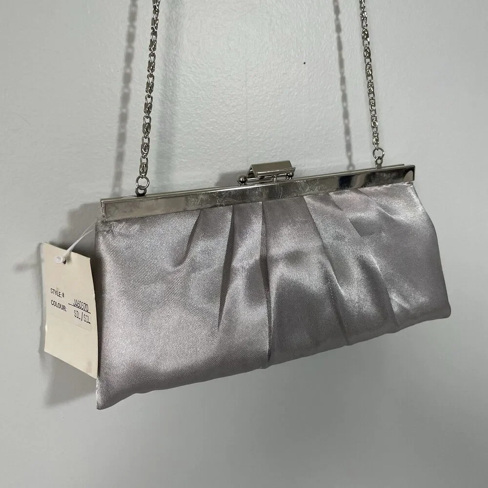 Jessica McClintock Vtg. Silk Clutch Purse Shoulder Bag Silver Gray Metal Clasp